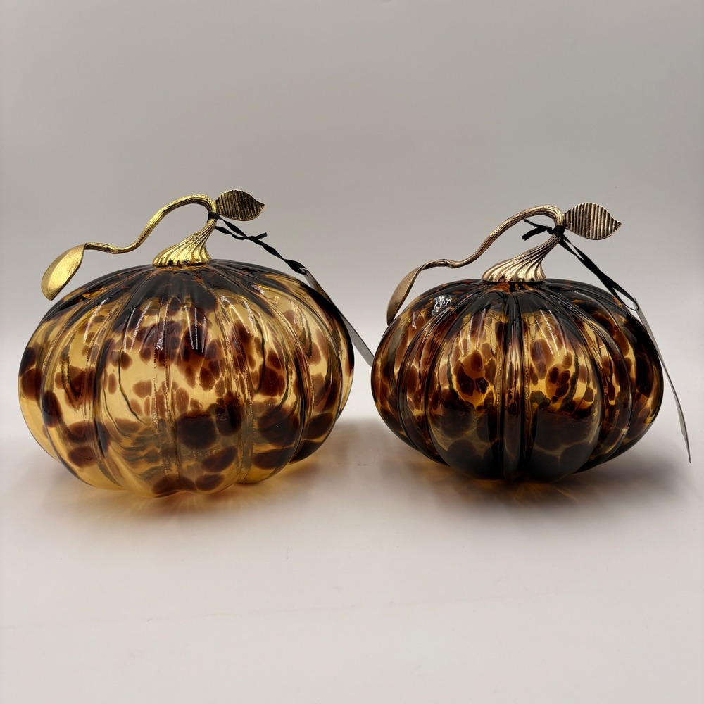Christian Siriano Tortoise Shell Pumpkins Set of 2 Leopard Gold Stem Fall Decor